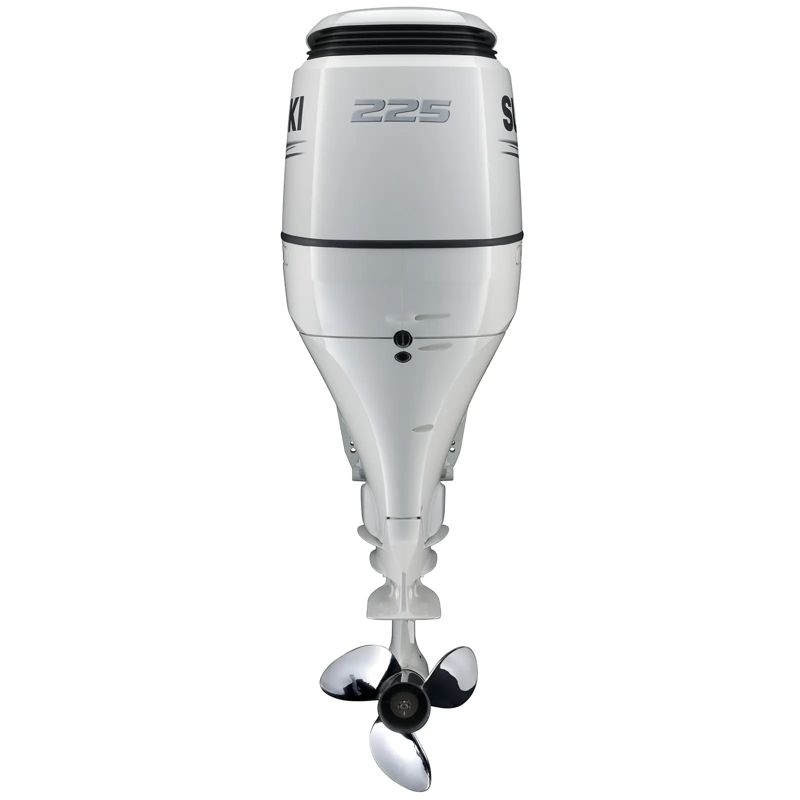 A white outboard motor with chrome propeller and number 225 on top.
