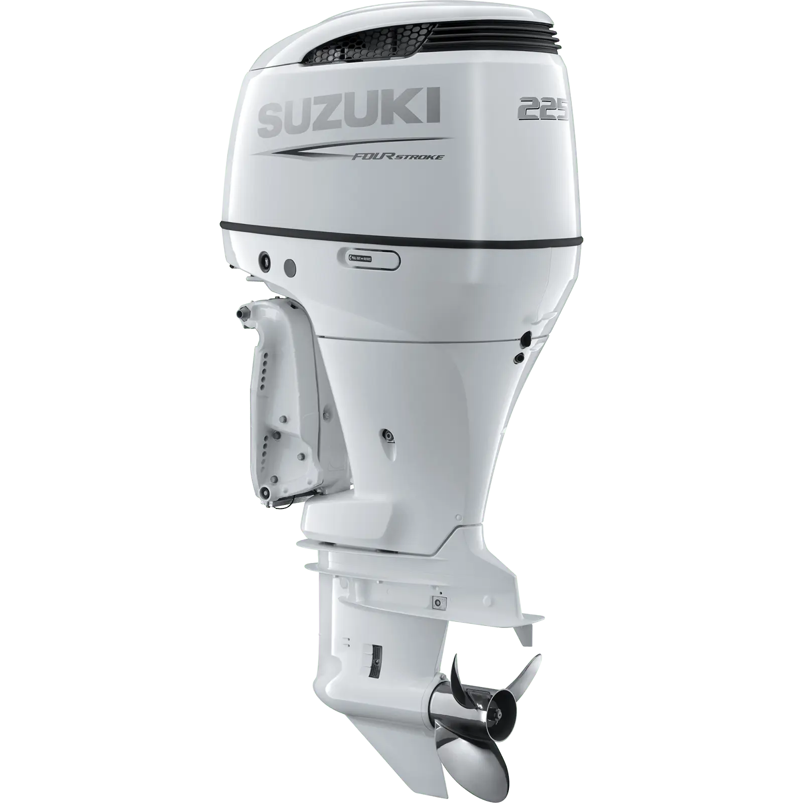 White outboard motor with propeller and control arm.