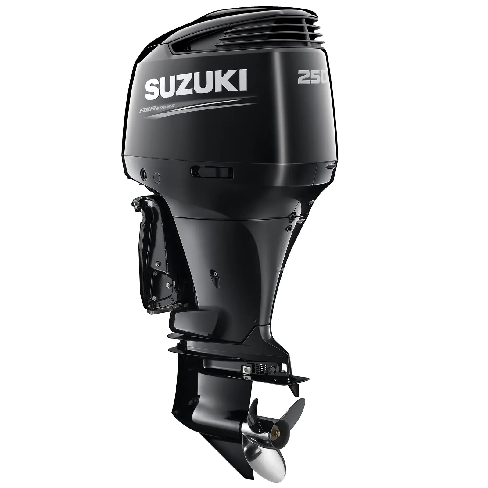 A sleek black outboard motor with propeller and venting details.
