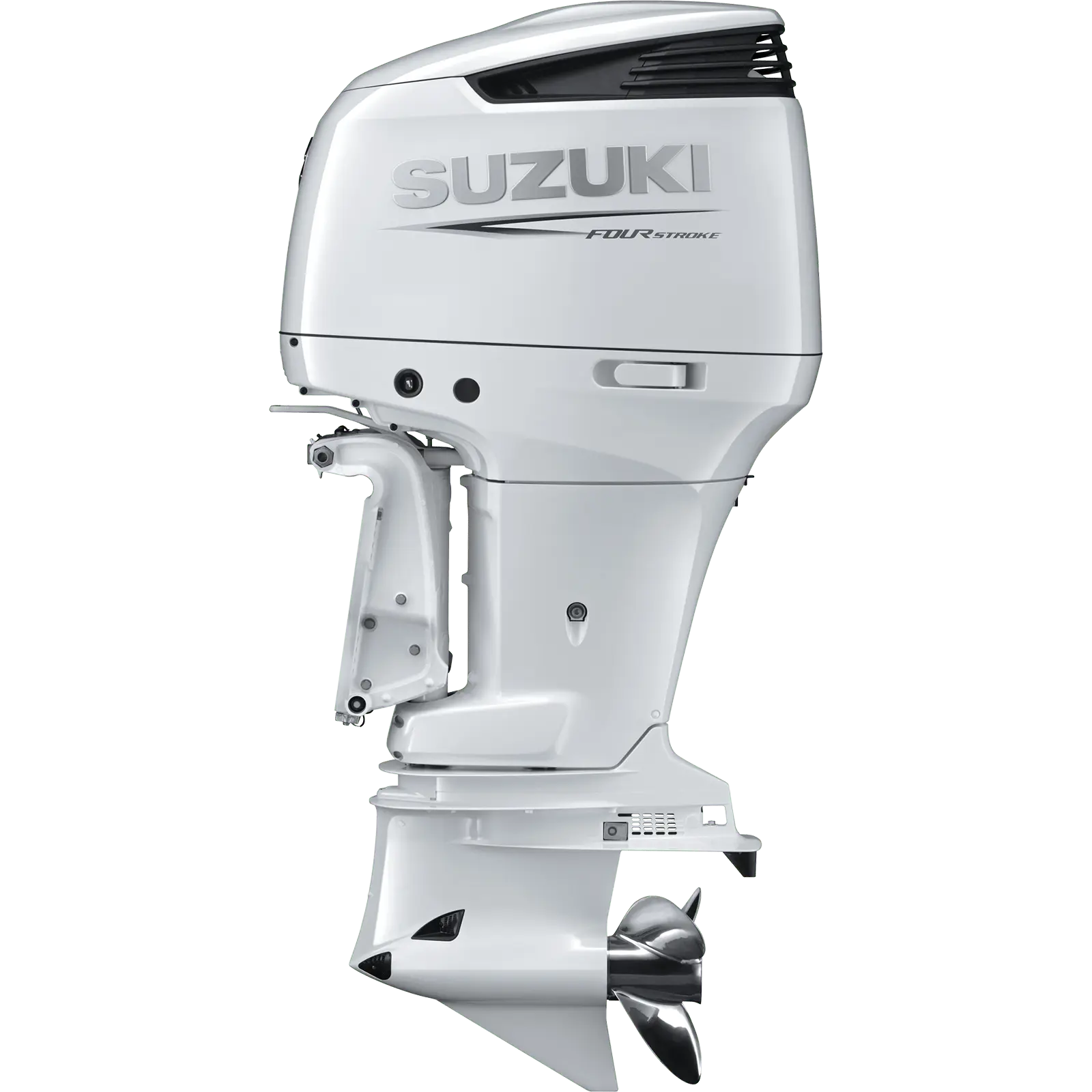 White outboard motor with propeller and Suzuki branding.