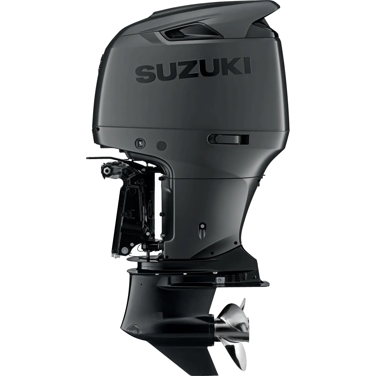 A sleek black outboard motor with silver propeller and control arm.