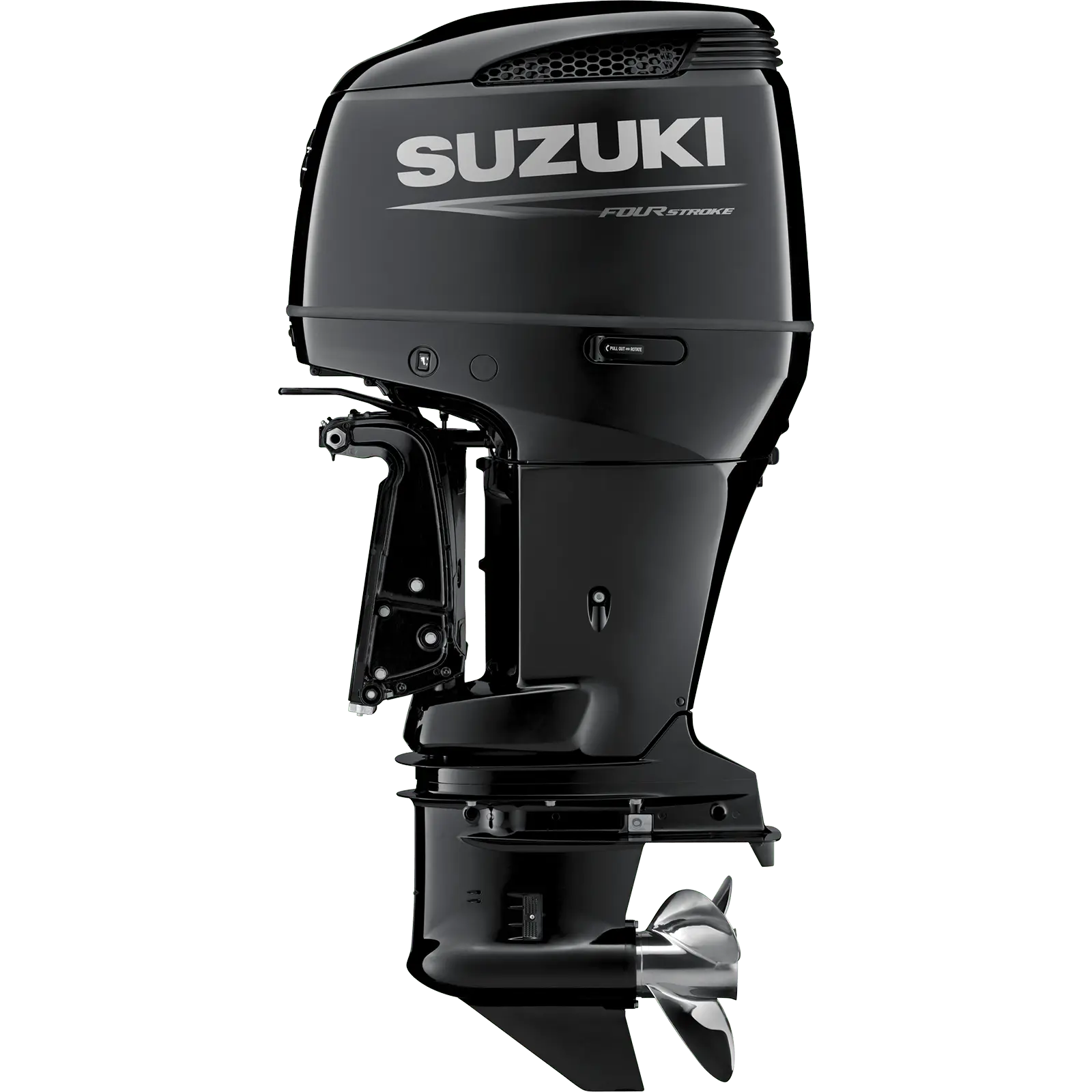 A sleek black outboard motor with propeller and branding details.
