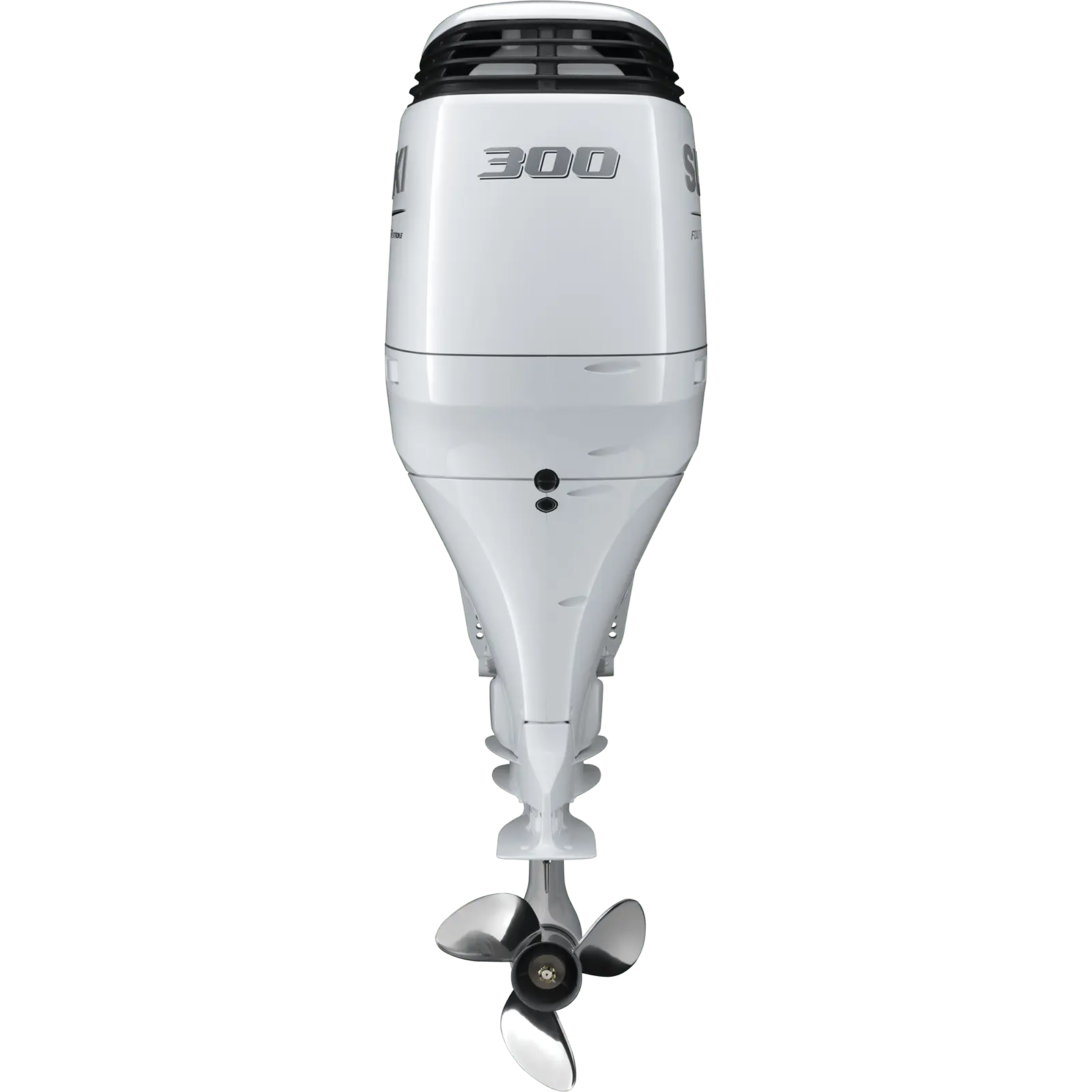A white outboard motor with propeller and number 300 on top.