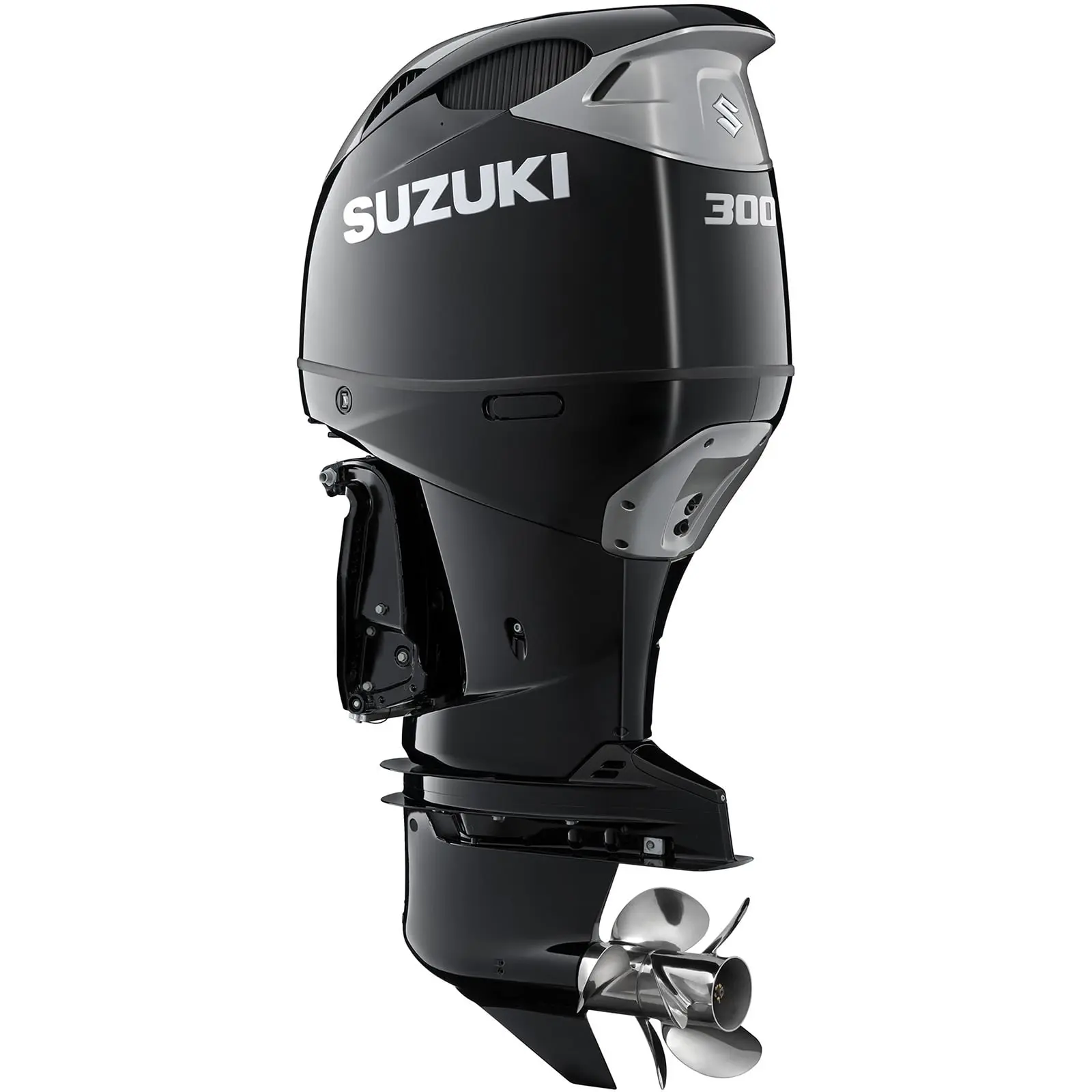 A sleek black outboard motor with silver propeller and branding details.
