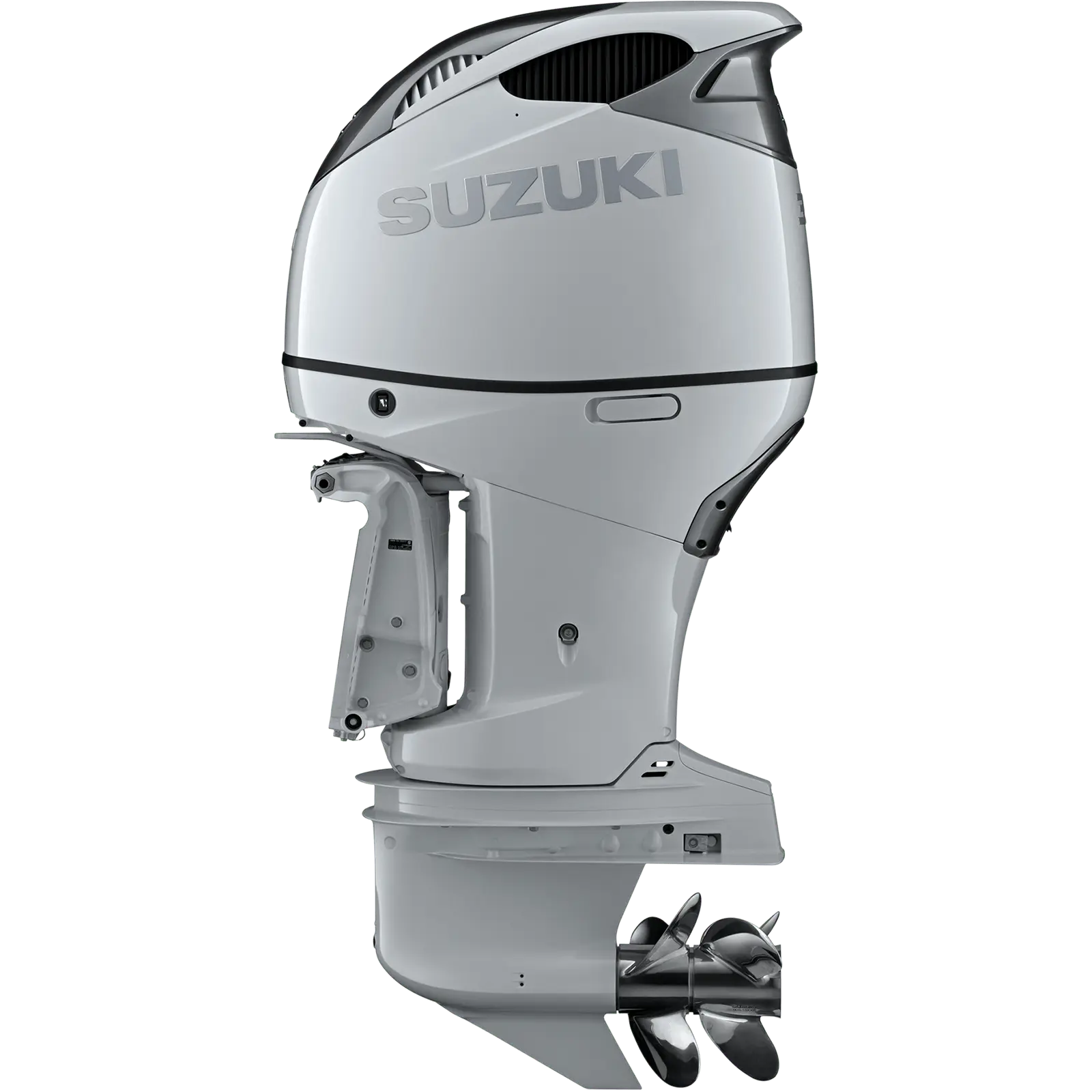 A sleek white outboard motor with propeller at bottom.