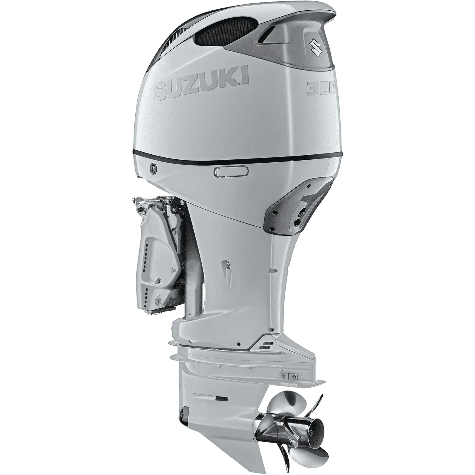 A sleek silver outboard motor with propeller and branding details.
