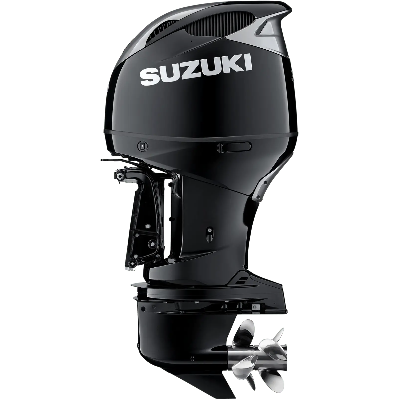 A sleek black outboard motor with propeller at bottom.