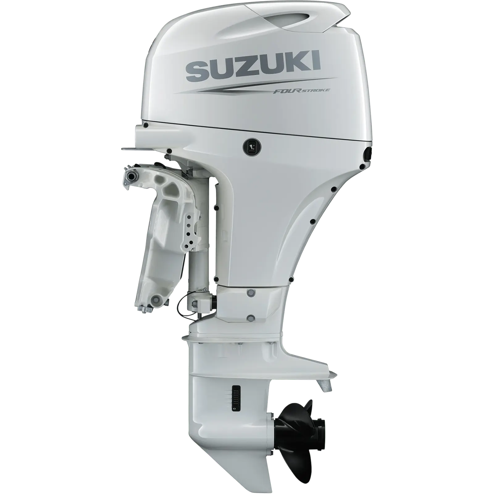 White outboard motor with propeller and Suzuki logo on top.