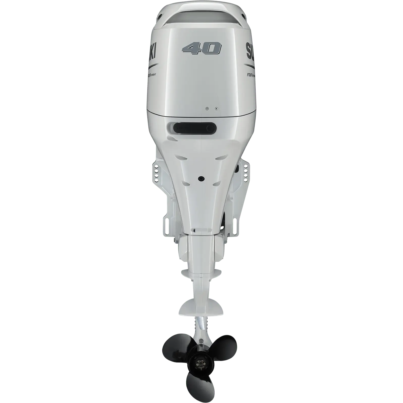 A white outboard motor with black propeller and number 40 on it.