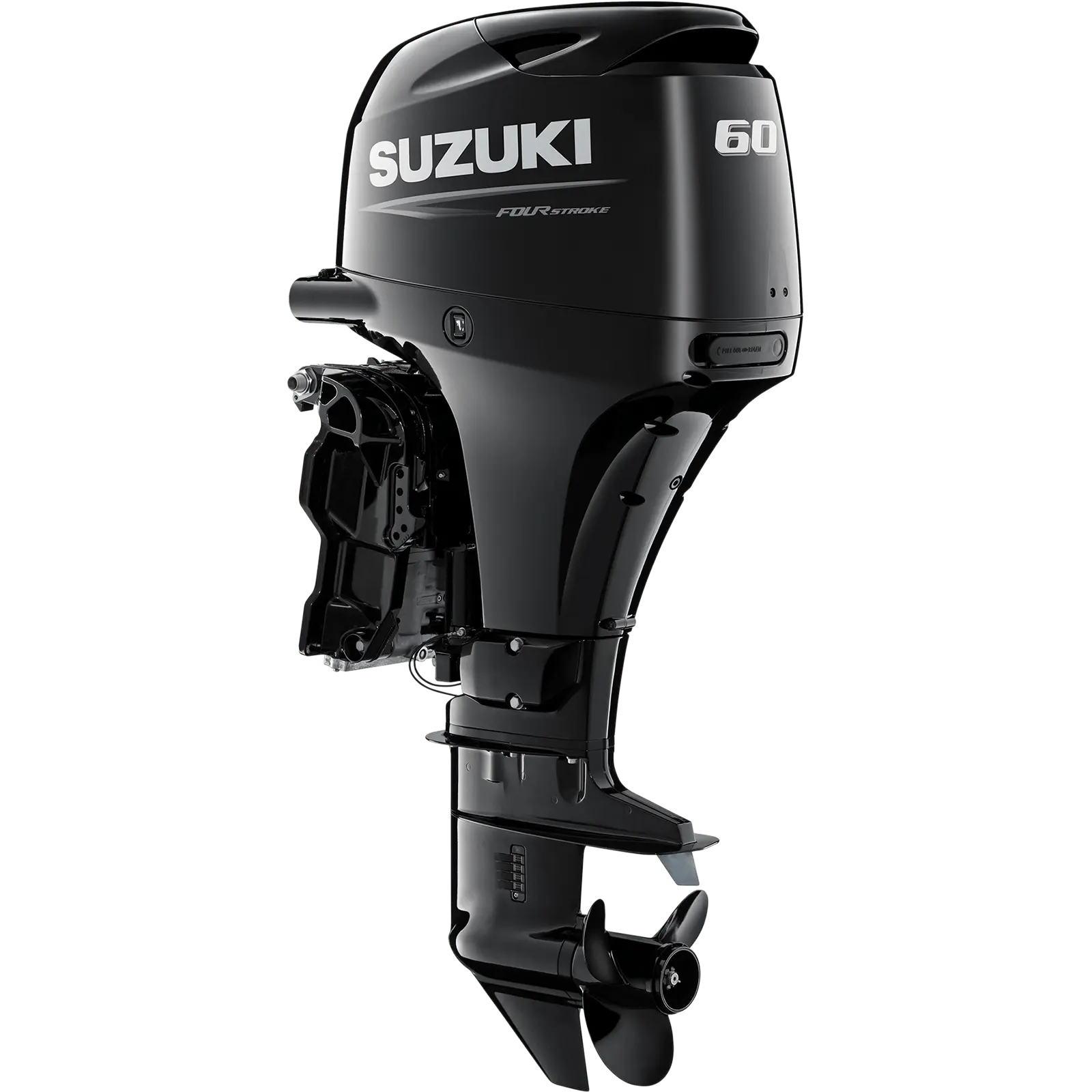 A black outboard motor with propeller and branding details.