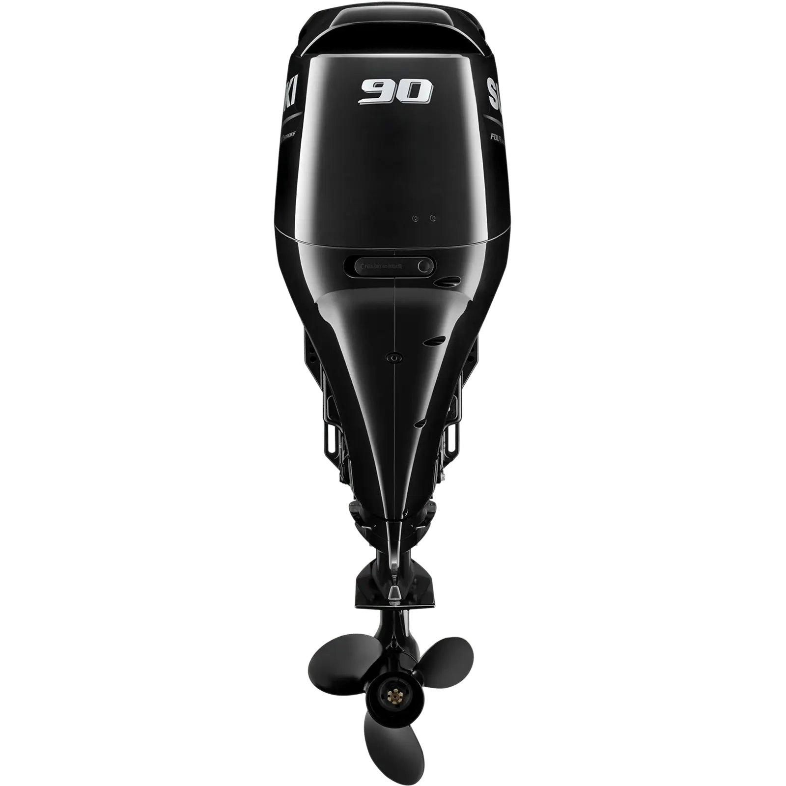 A sleek black outboard motor with propeller and number 90 on top.