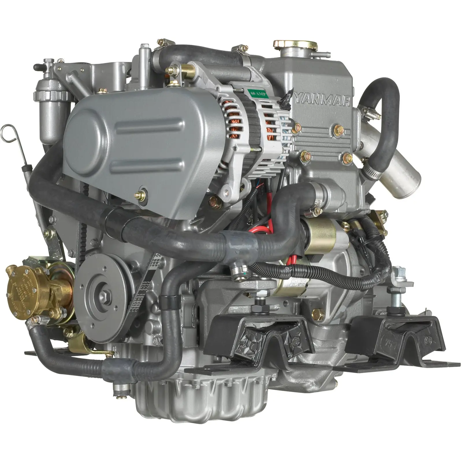 A Yanmar diesel engine with various components and hoses attached.