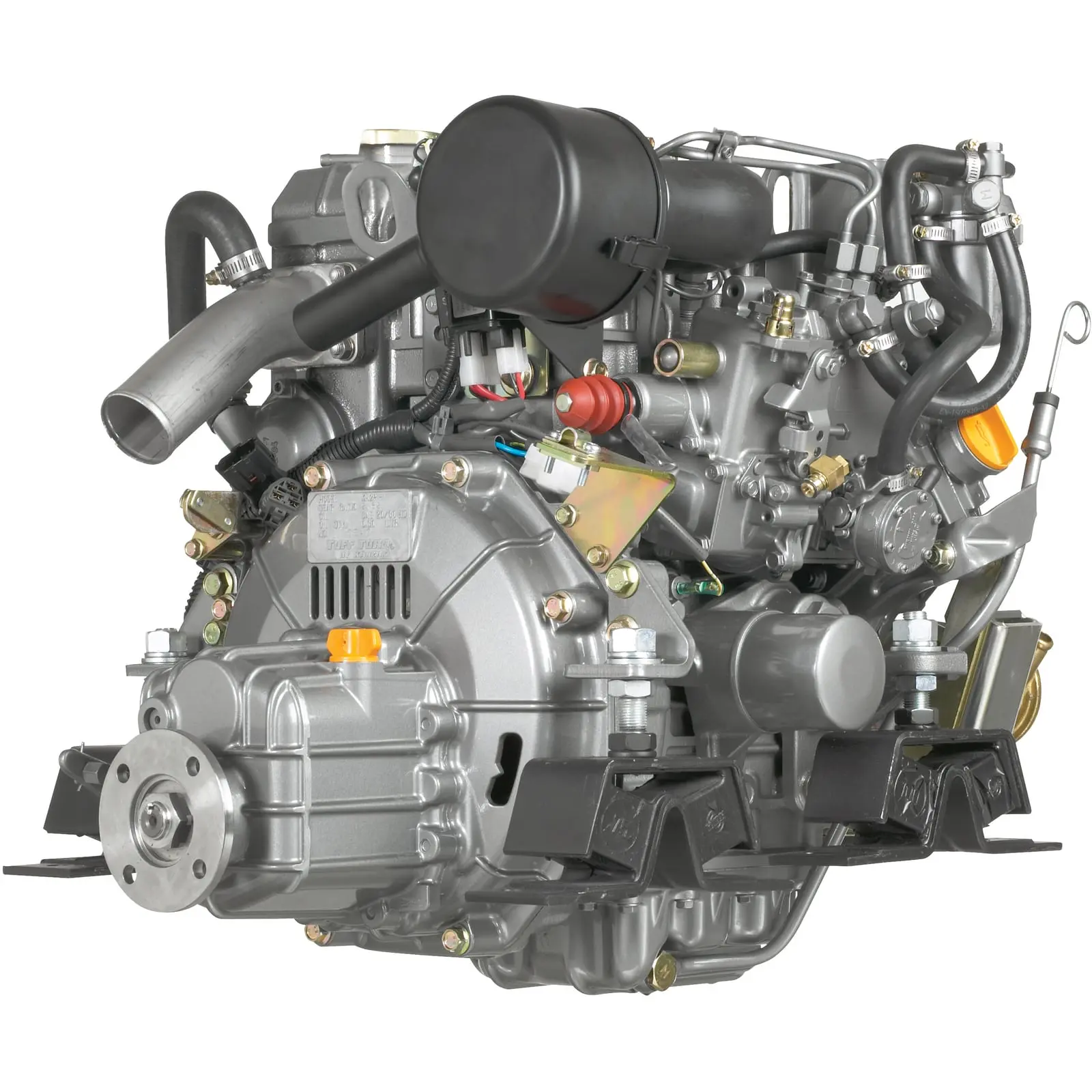 A close-up view of an industrial engine with various mechanical components and hoses.