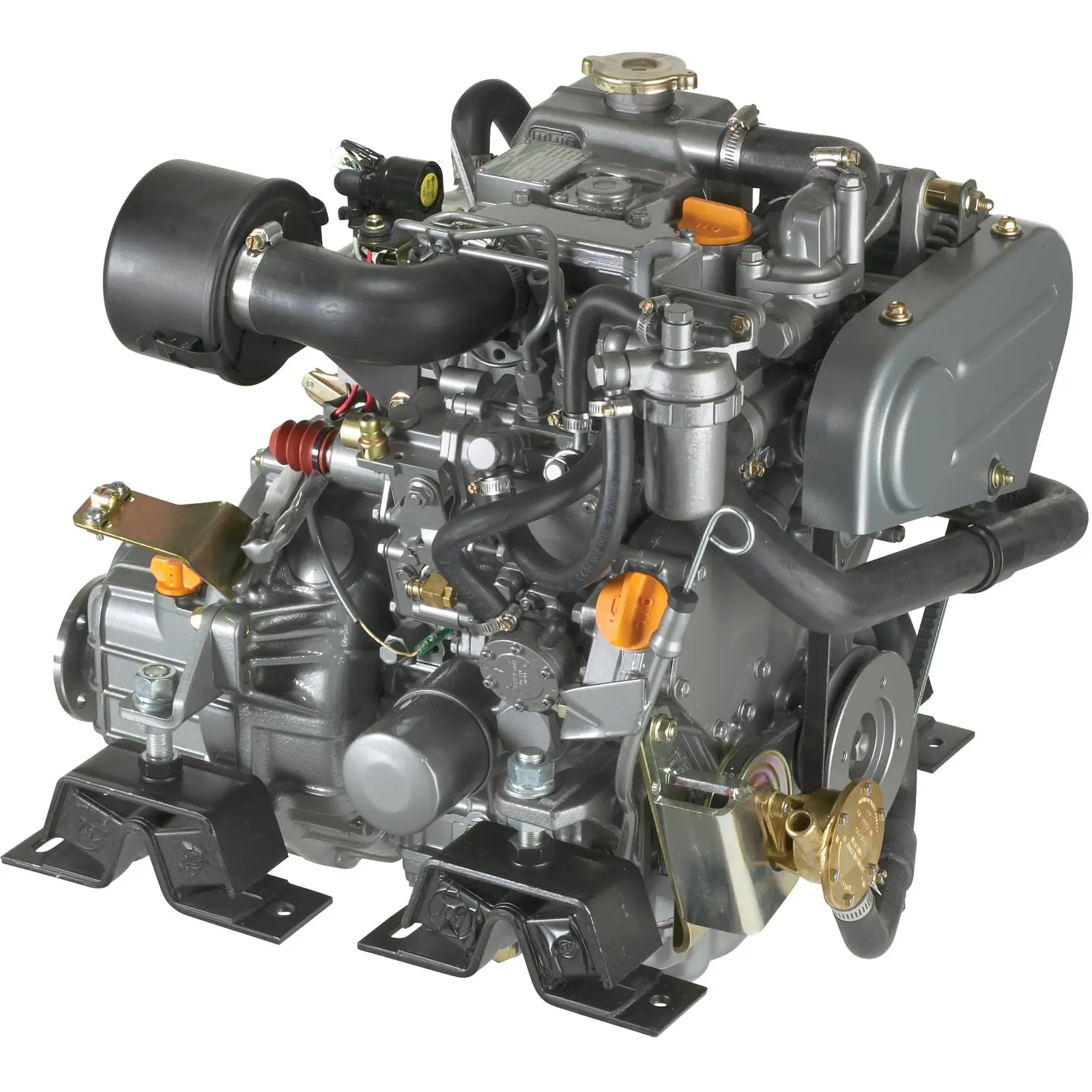 A compact diesel engine with various components and hoses attached.