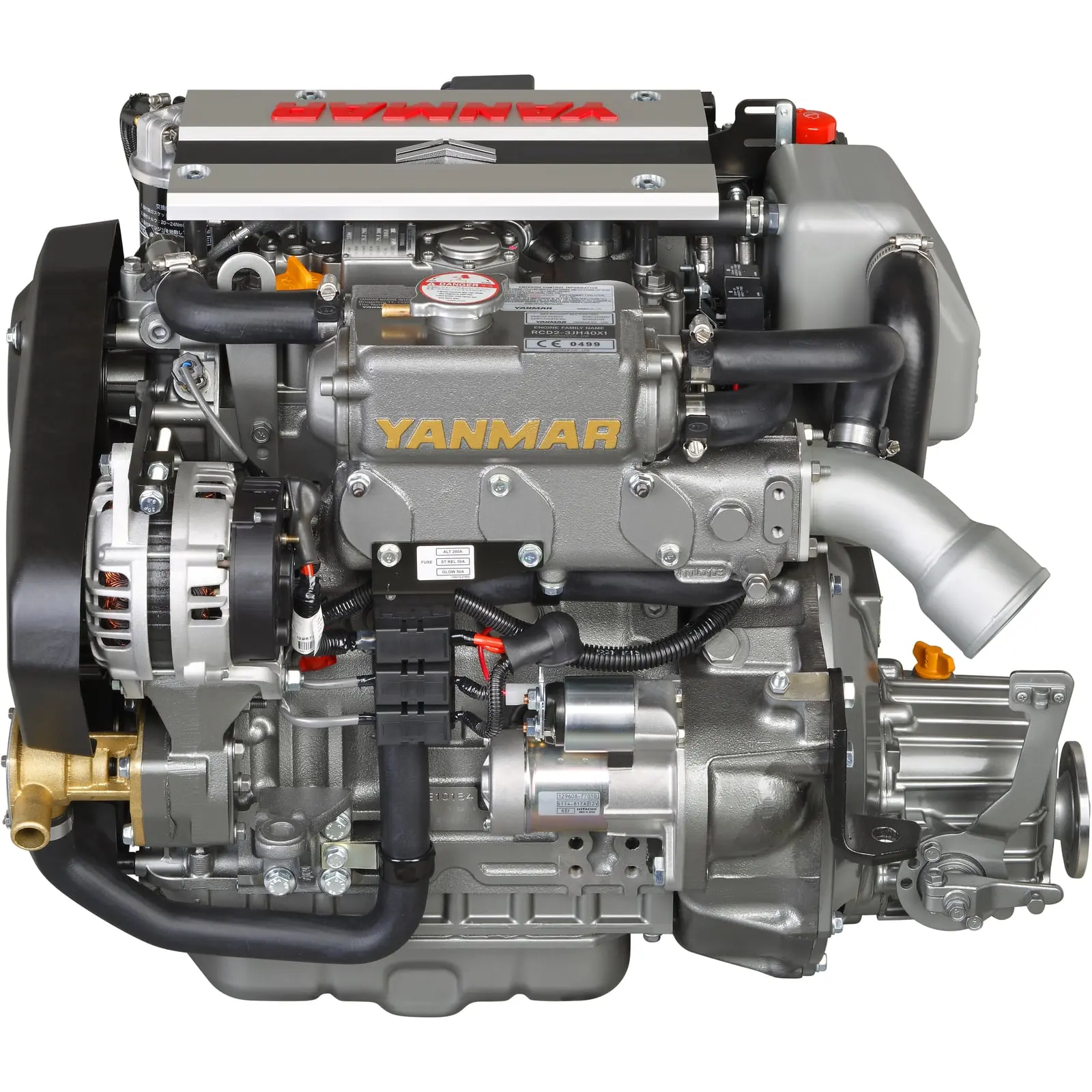 A Yanmar diesel engine with various components and hoses.