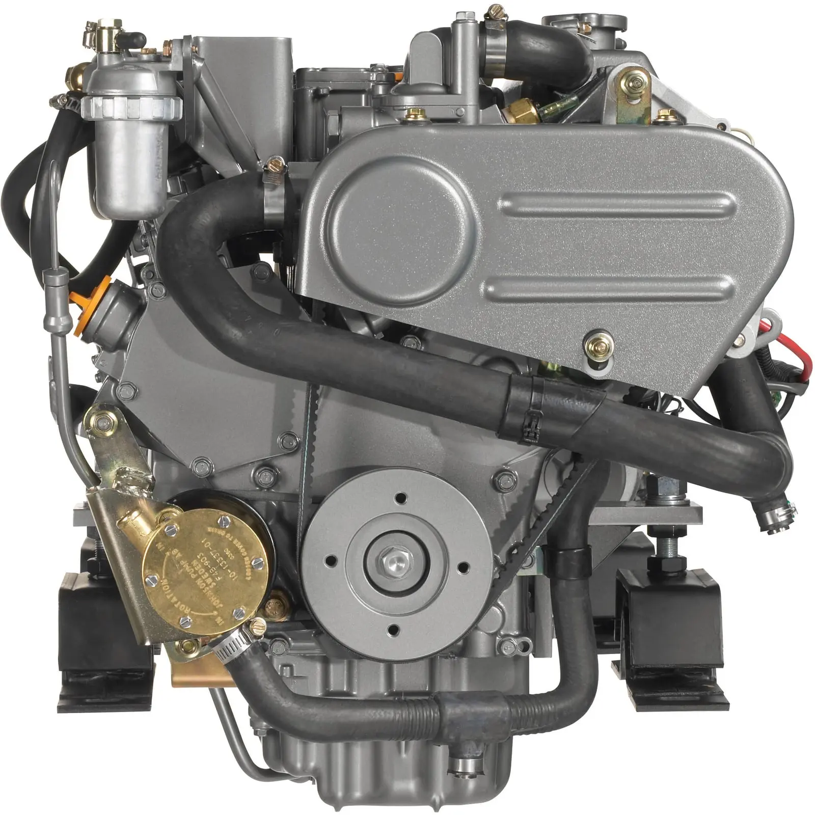 A close-up view of an engine with various mechanical components and hoses.