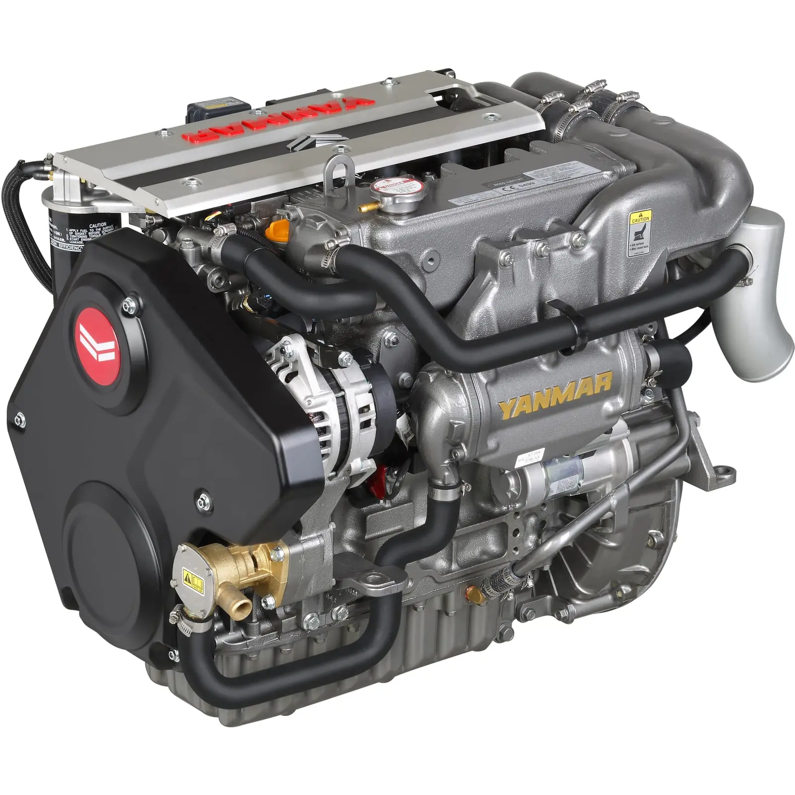 A Yanmar diesel engine with various hoses and components.