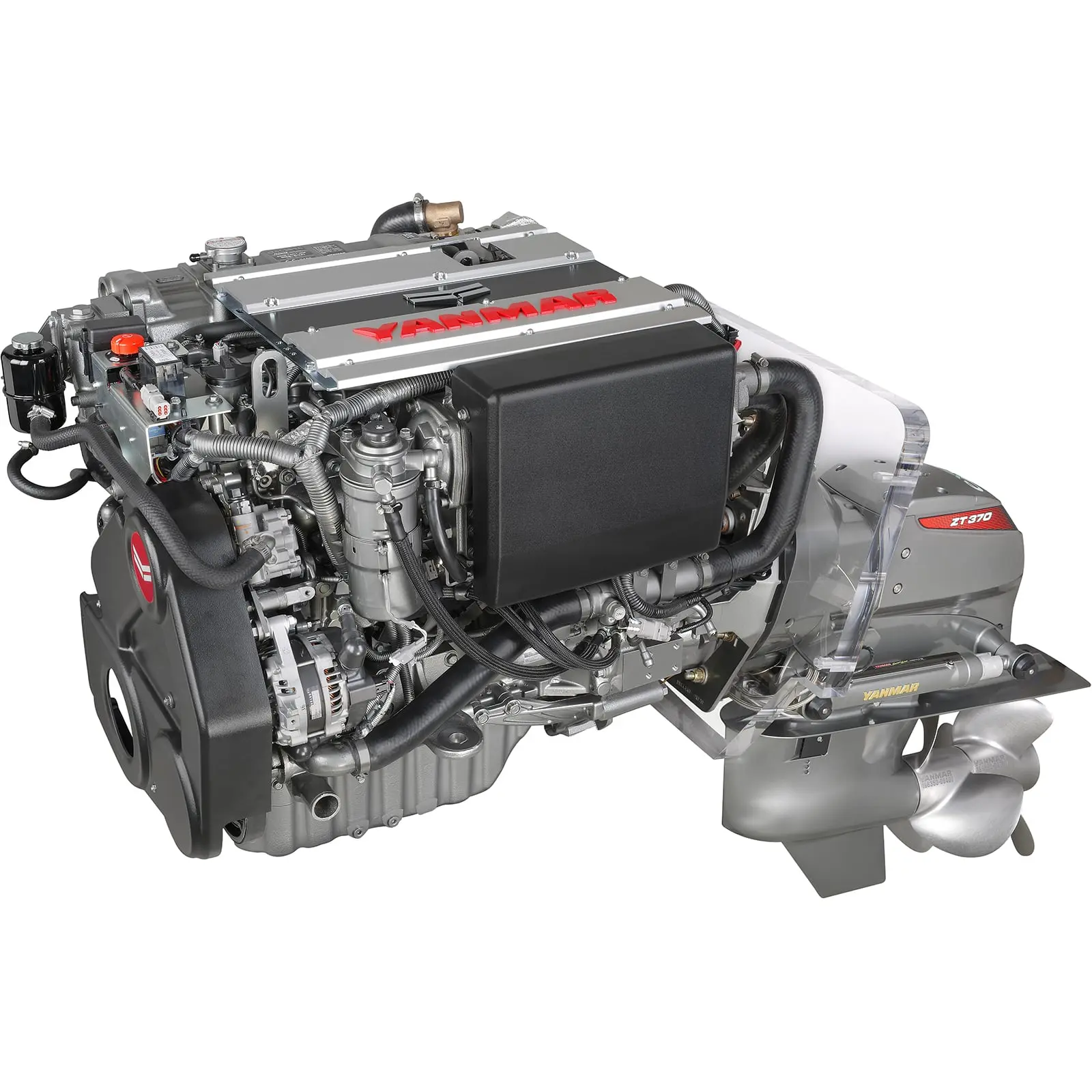 A Yanmar outboard motor with propeller and various mechanical parts.
