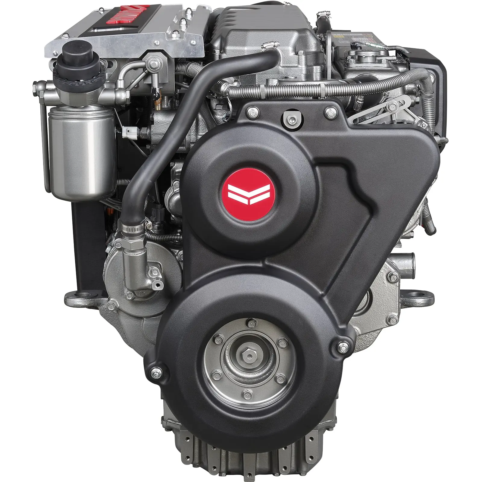 A close-up view of an engine with intricate mechanical parts and a red logo on its cover.