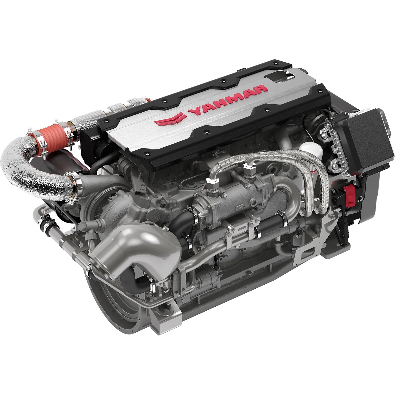 A Yanmar diesel engine with exposed components and red branding on top.