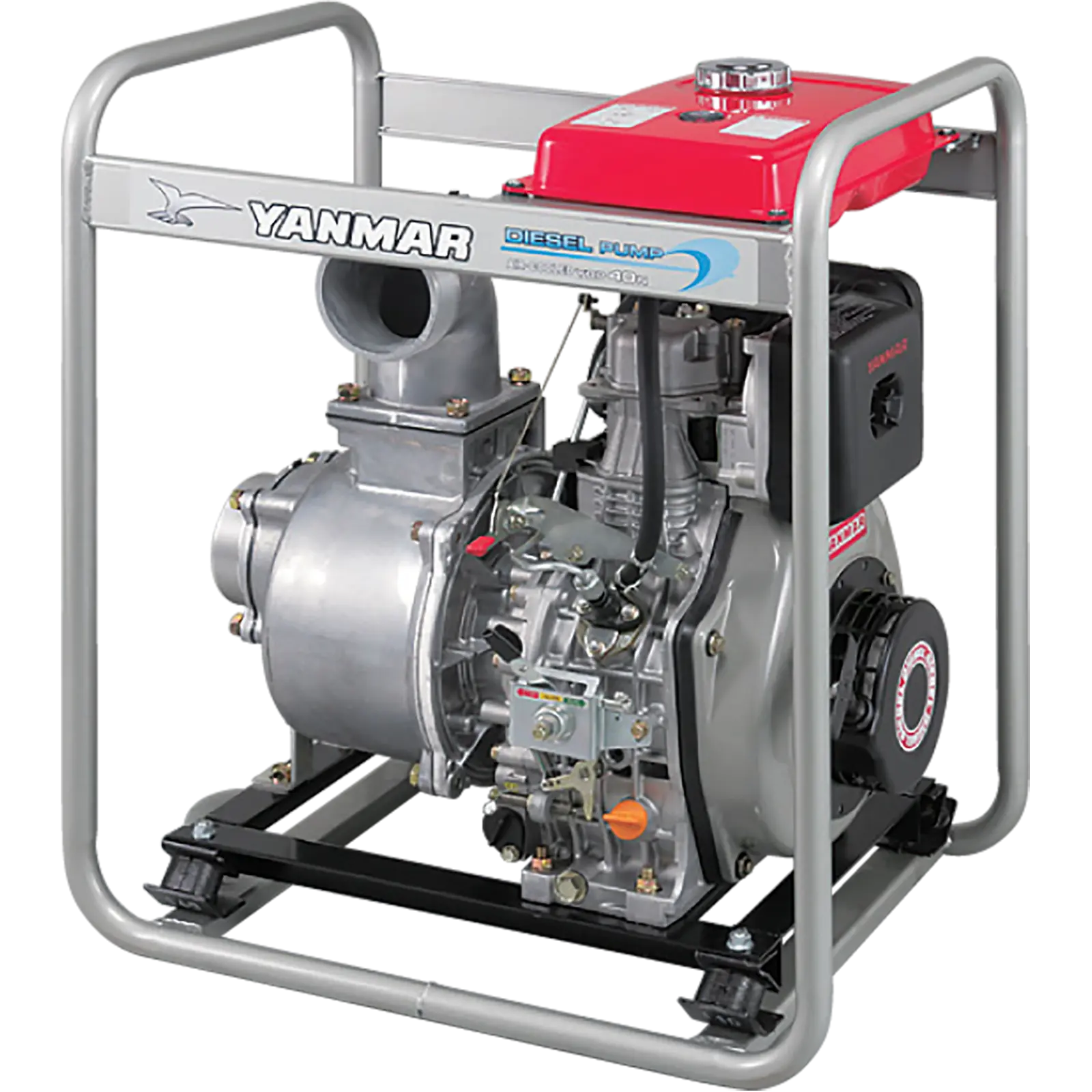 ydp-series-export-only_a A Yanmar diesel pump with red top and silver body on metal frame.
