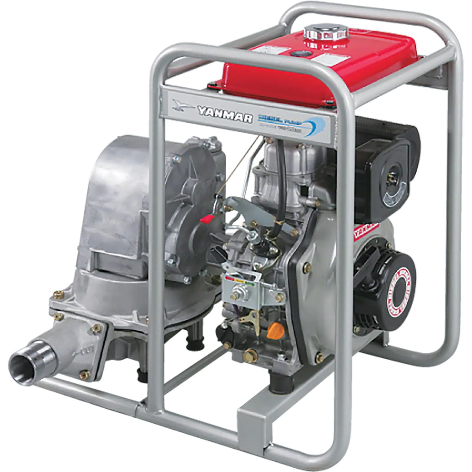 A portable water pump with red and silver components sits on a metal frame against white background.