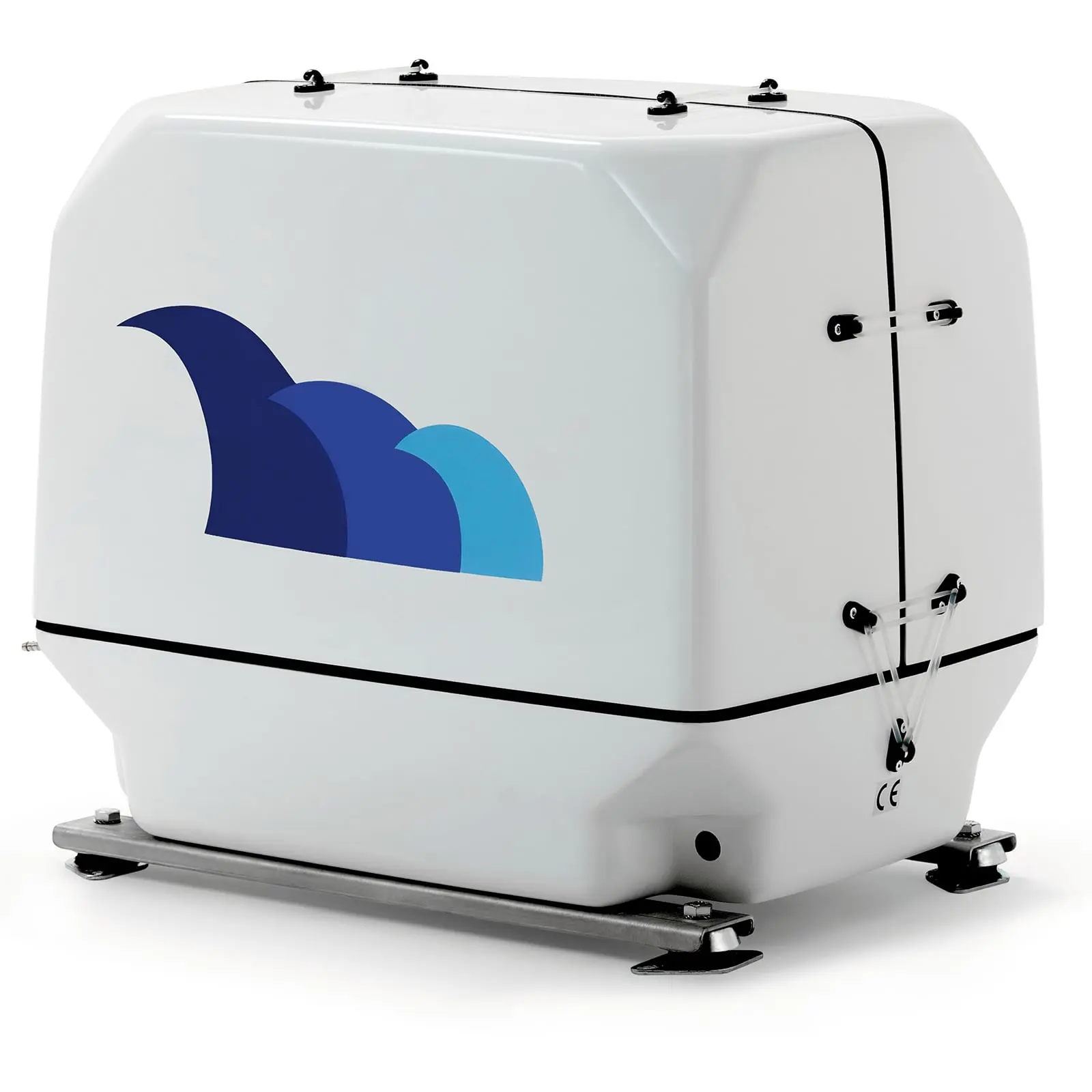 A white rectangular container with blue wave design and black straps on sides.