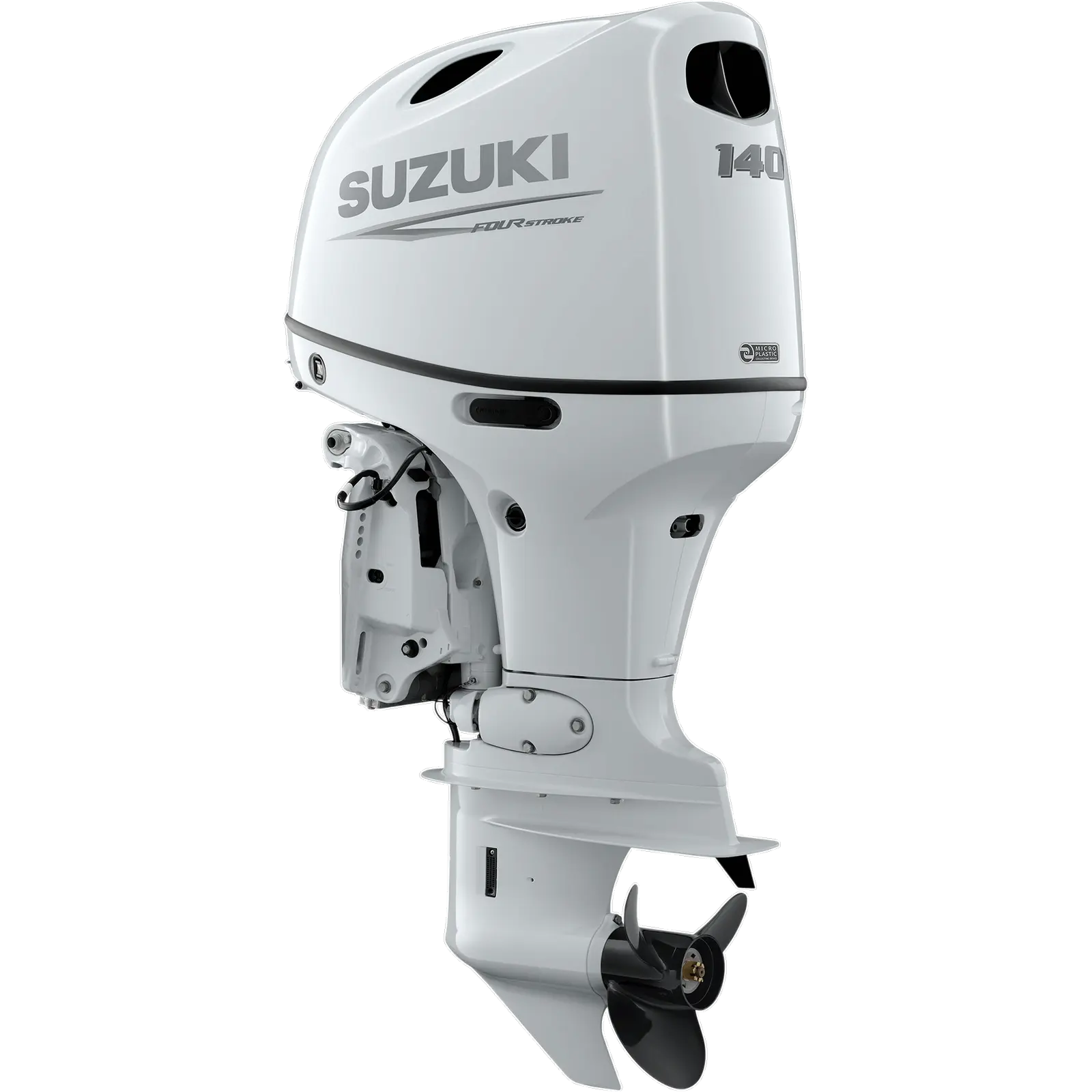 White outboard motor with propeller and control arm.