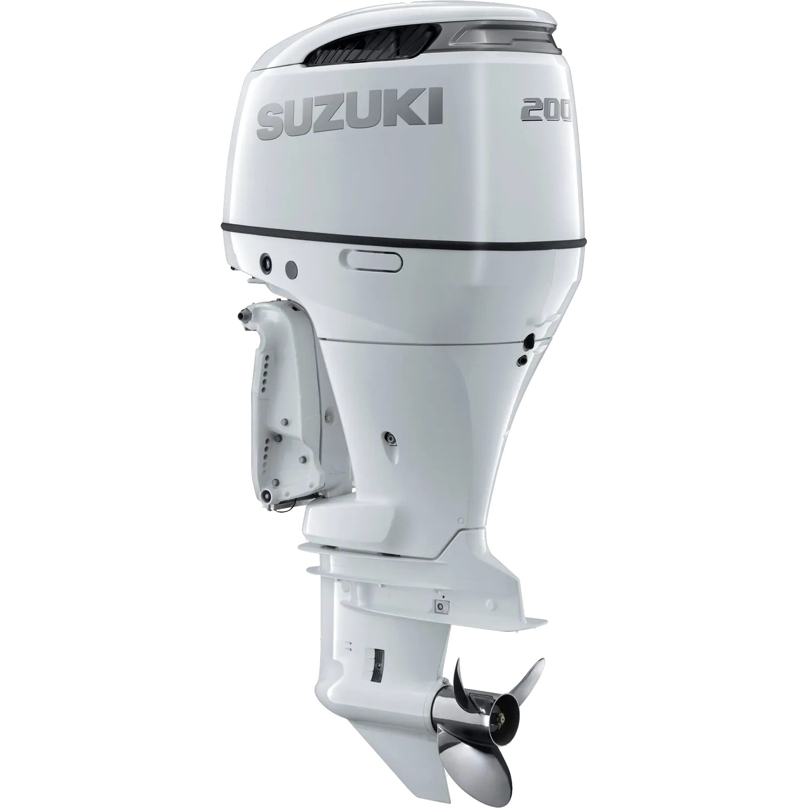 A white outboard motor with propeller and control handle.