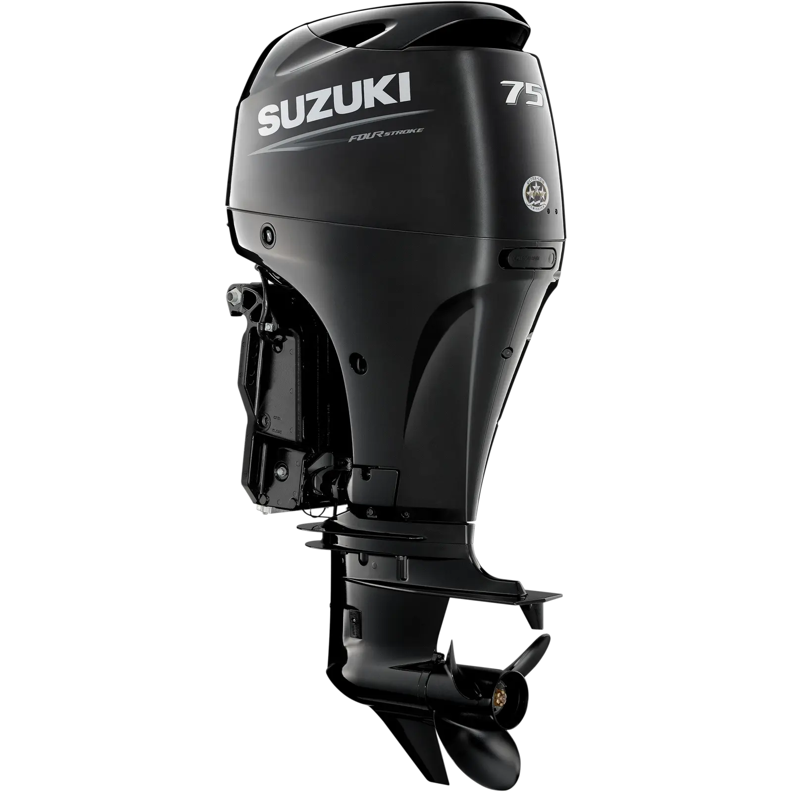A sleek black outboard motor with propeller and branding details.