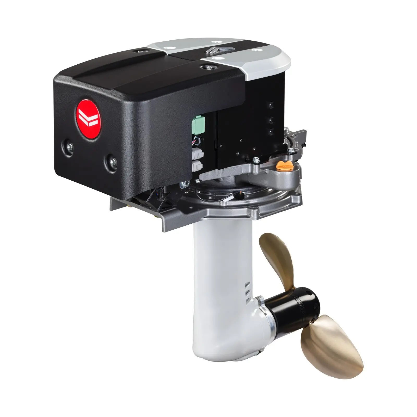 A modern outboard motor with propeller and control unit.
