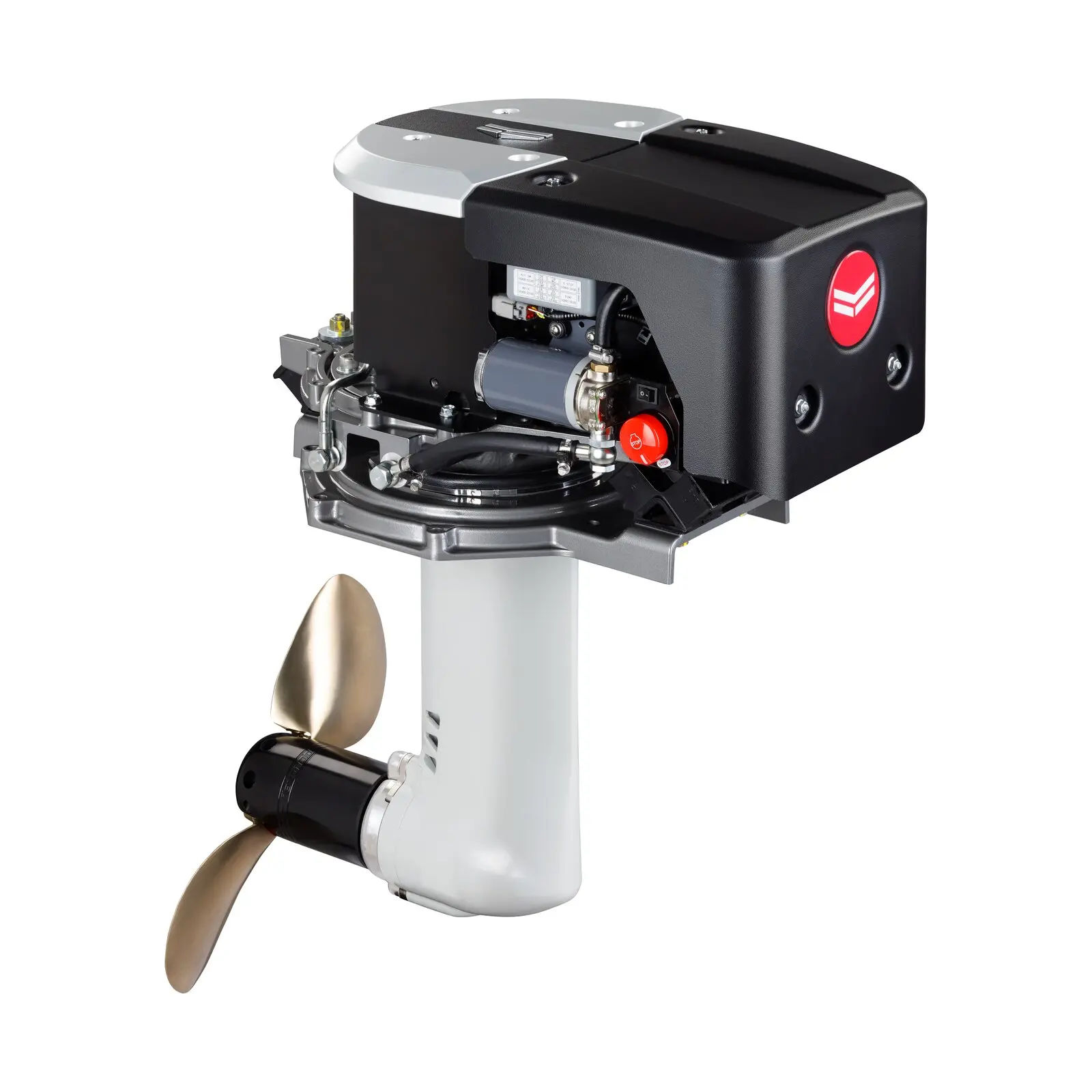 A small outboard motor with exposed internal components and propeller attached.