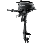 A black outboard motor with handle and propeller is shown against white background.