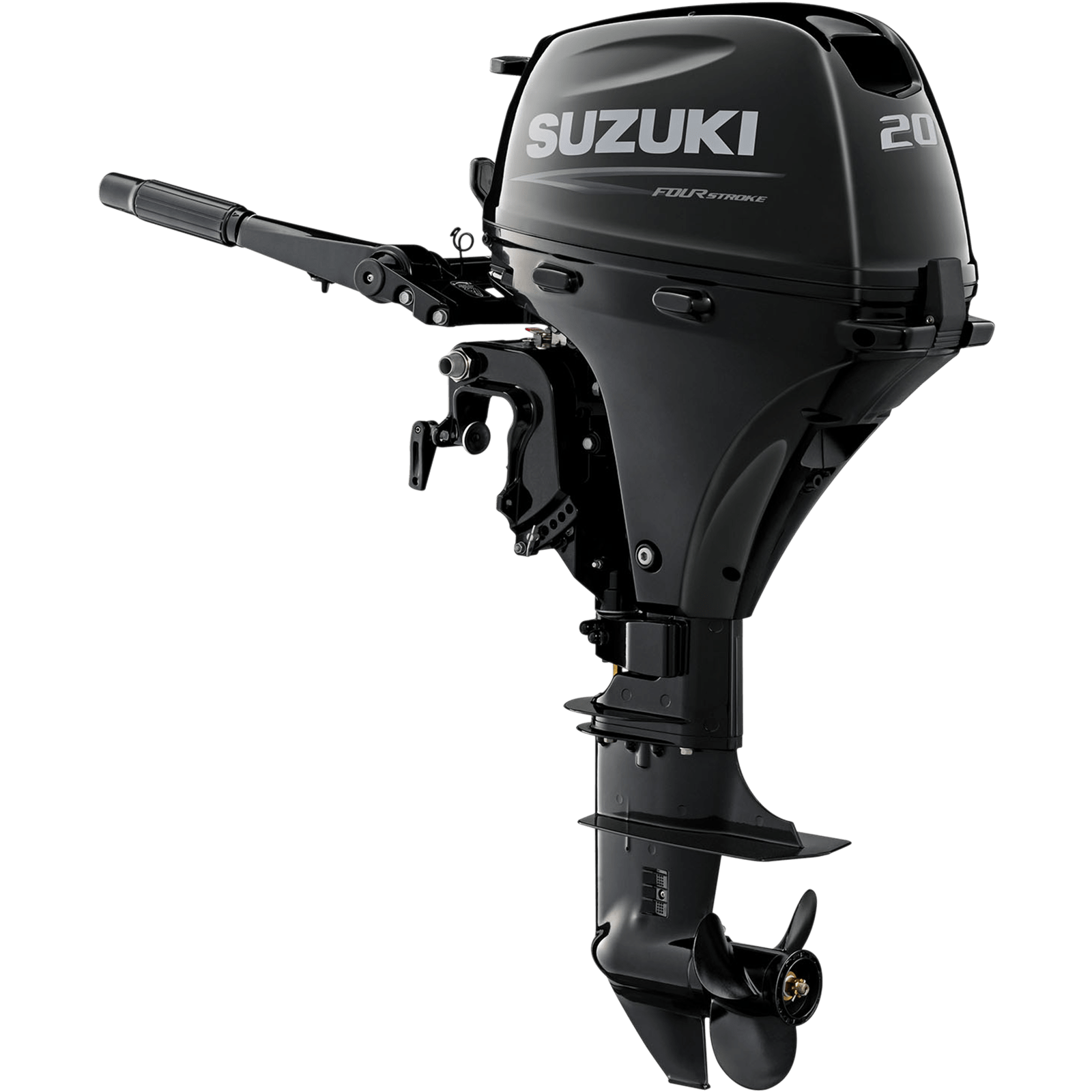 A sleek black outboard motor with propeller and handle.