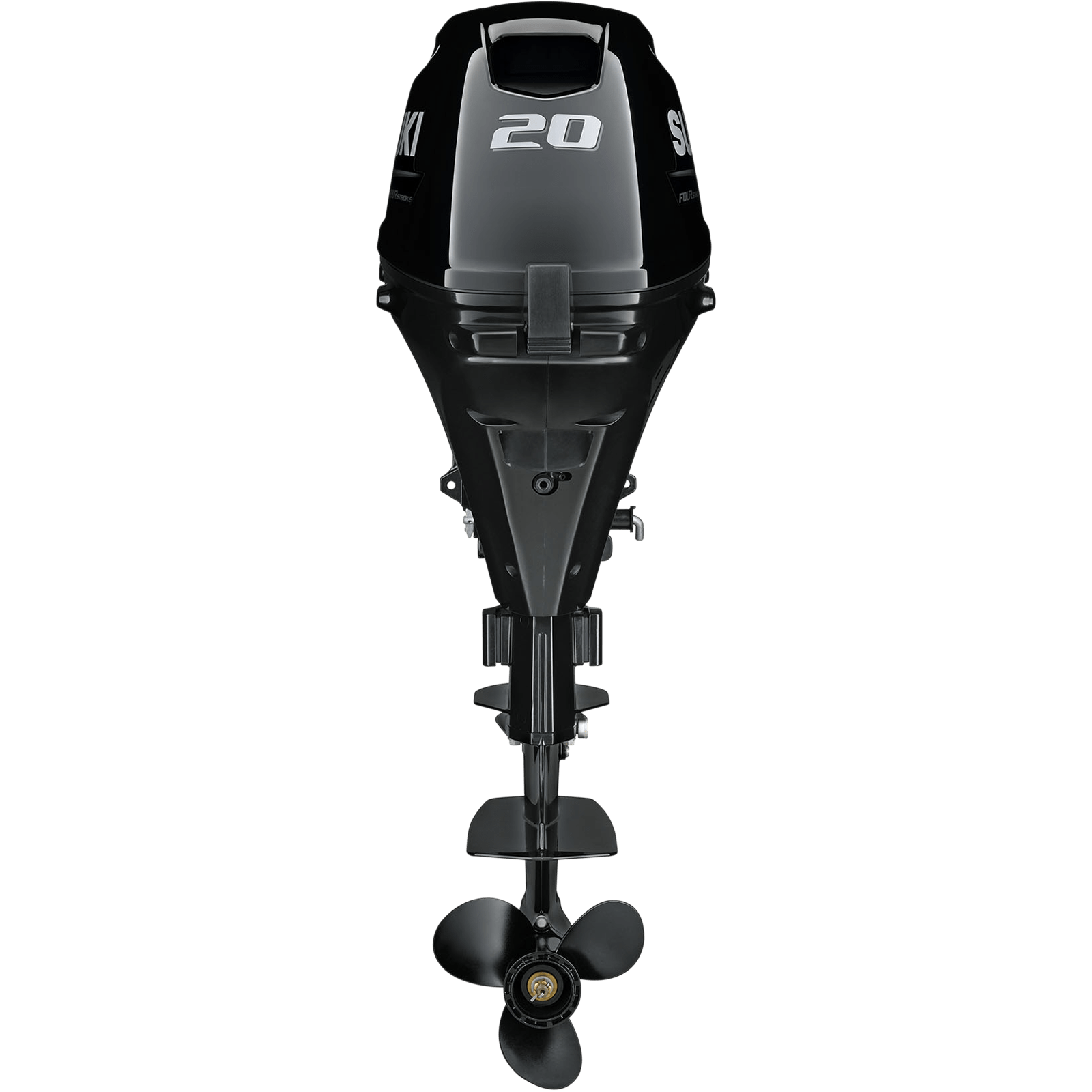A black outboard motor with propeller at bottom and number 20 on top.