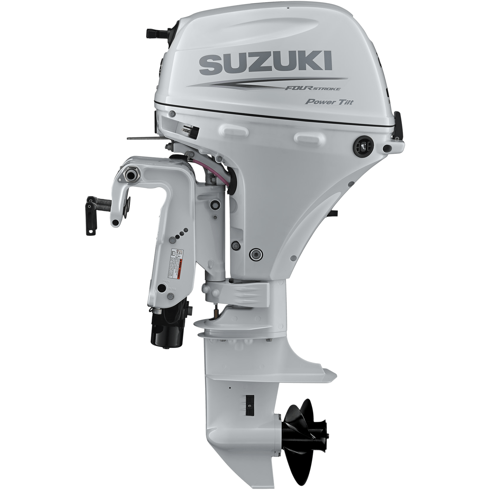 A white outboard motor with mechanical components and tilt mechanism.