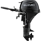 A sleek black outboard motor with handle and propeller.