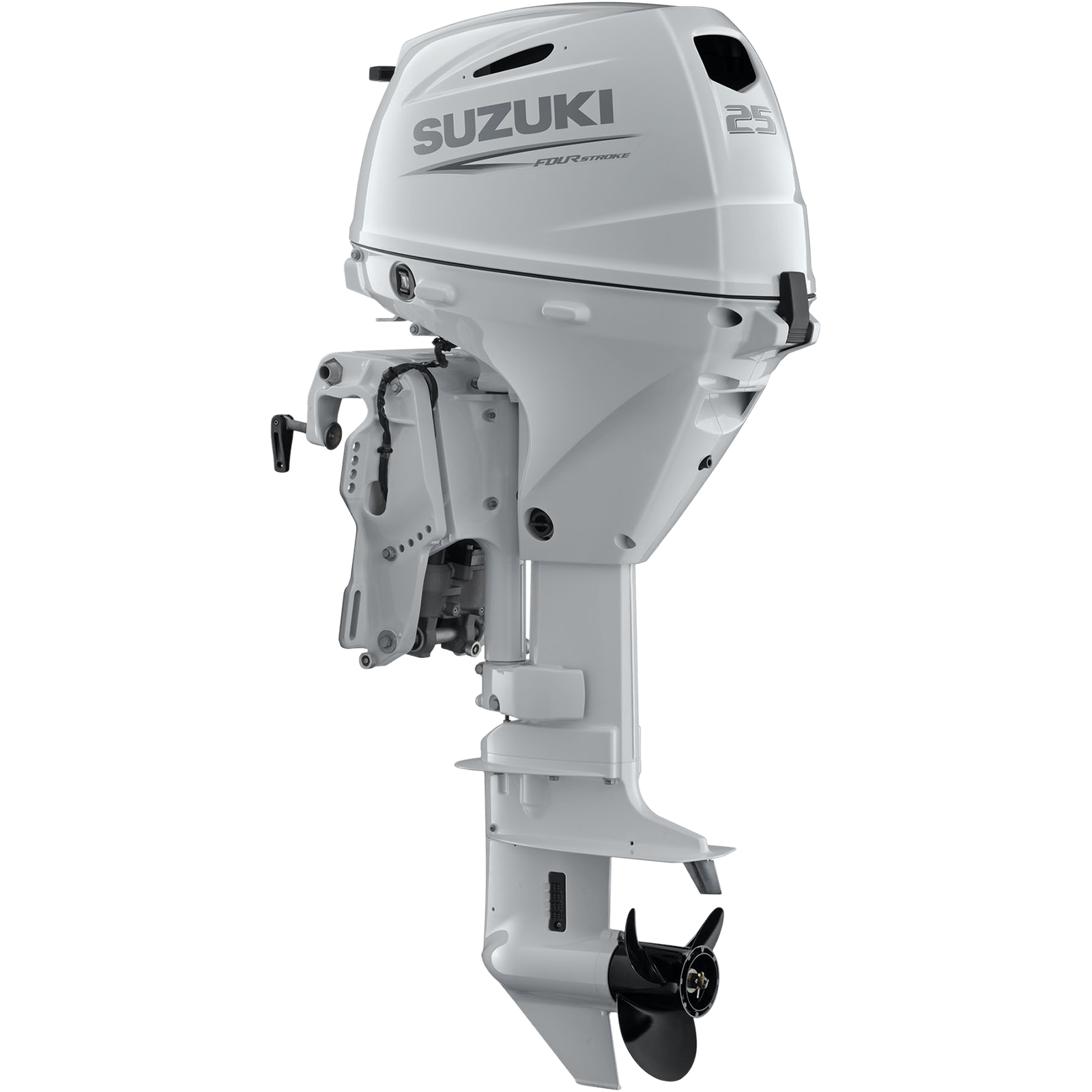 White outboard motor with propeller and engine details shown.