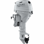 White outboard motor with propeller at bottom and Suzuki branding on top.