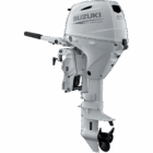 White outboard motor with propeller and handle shown from side view.