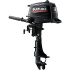 A black outboard motor with handle and propeller attached.