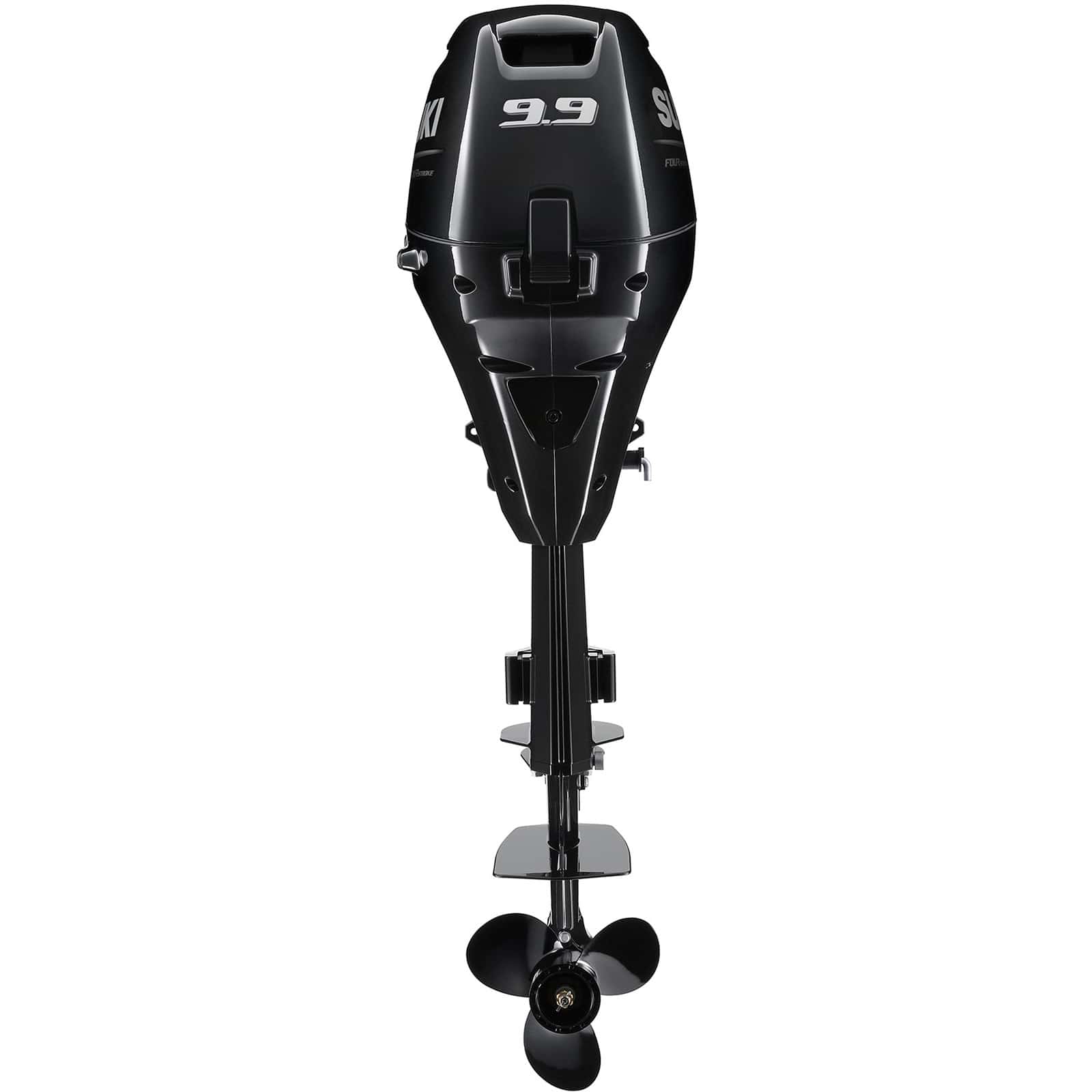 A black outboard motor with propeller and 9.9 horsepower marking.